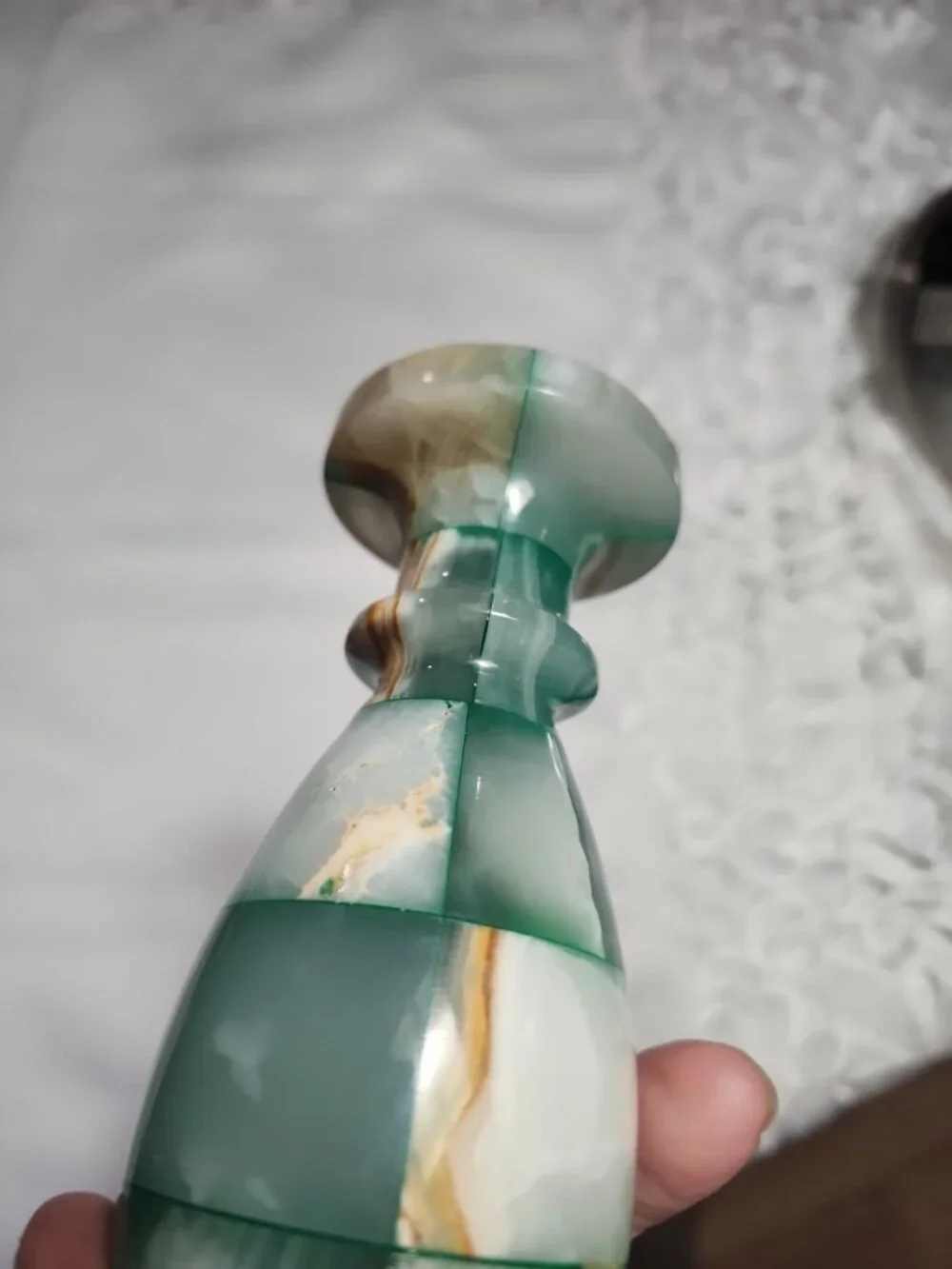 Vintage Green Onyx Stone Vase Checkered Mosaic Patchwork Design  Teal Gorgeous